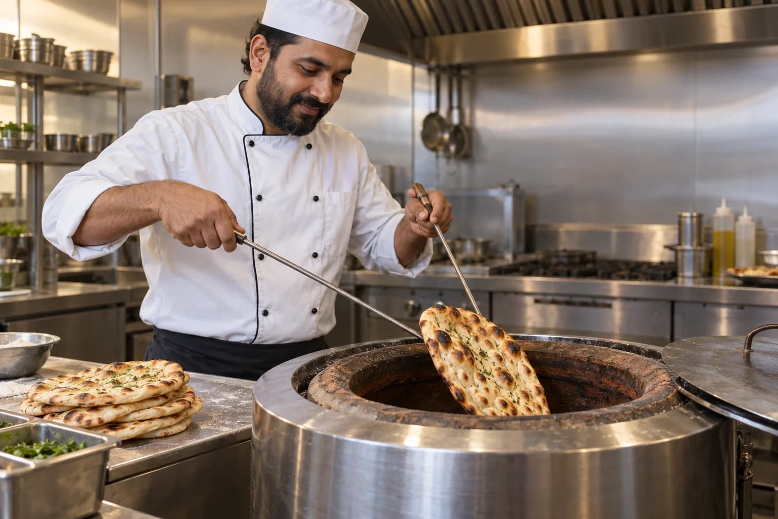 Illustrative scene of a professional tandoor chef preparing fresh naan in a catering kitchen